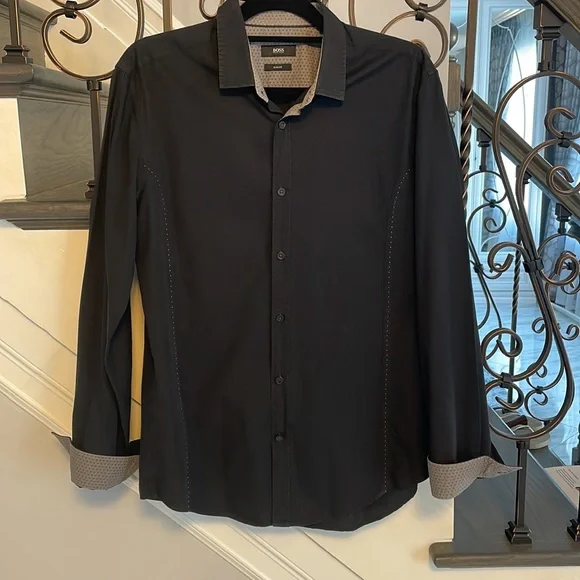 BOSS Hugo Boss Mens Slim Fit Black Shirt Size L - Picture 5 of 6